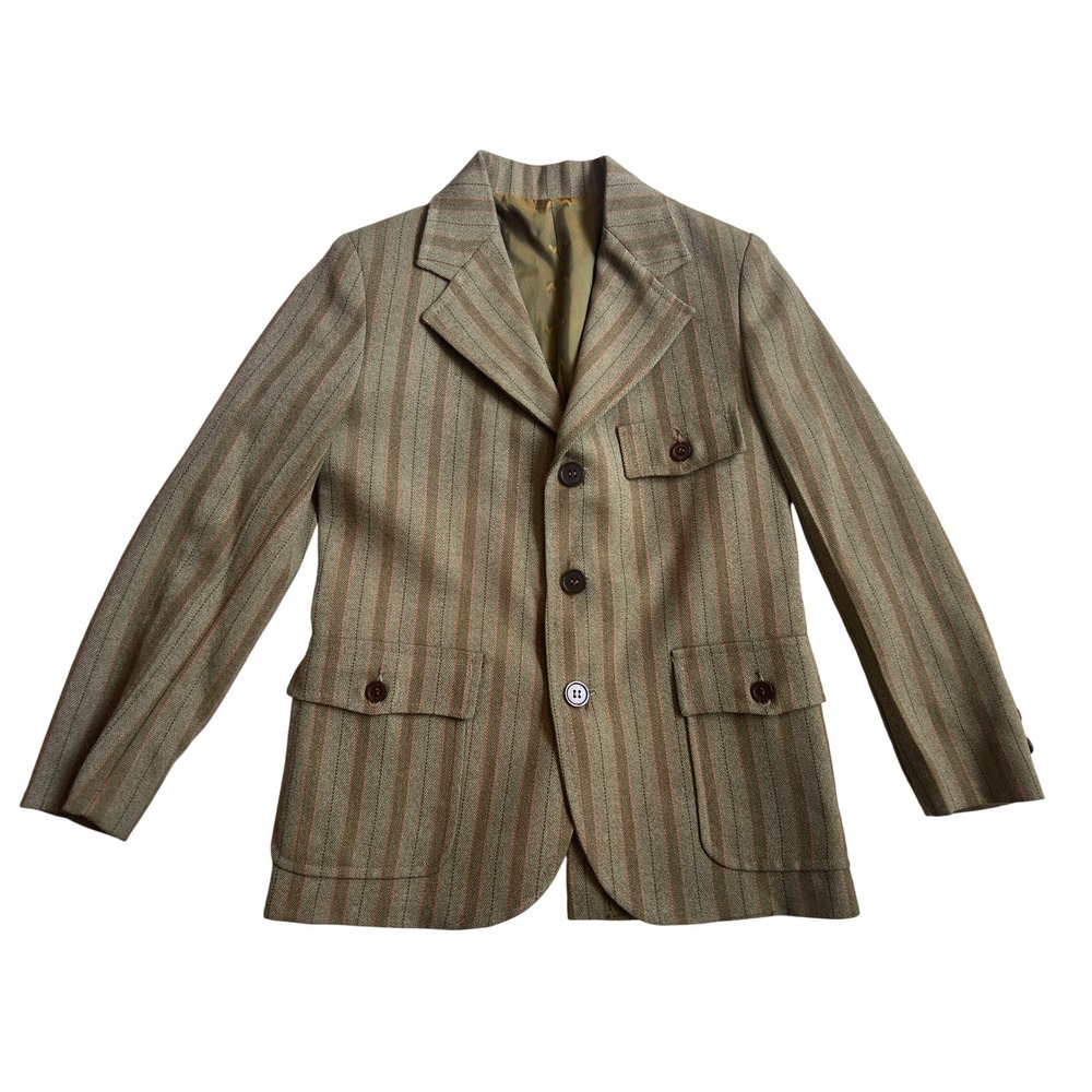 Vintage Kids Brown Striped Leisure Suit Blazer Patch Pockets Retro 70s Style